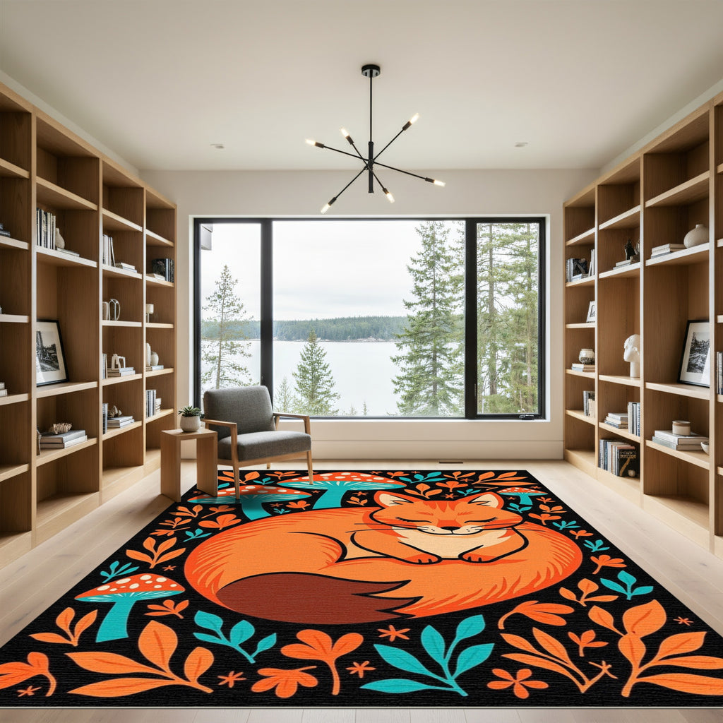Whimsical Orange Fox Mushroom Garden Rug