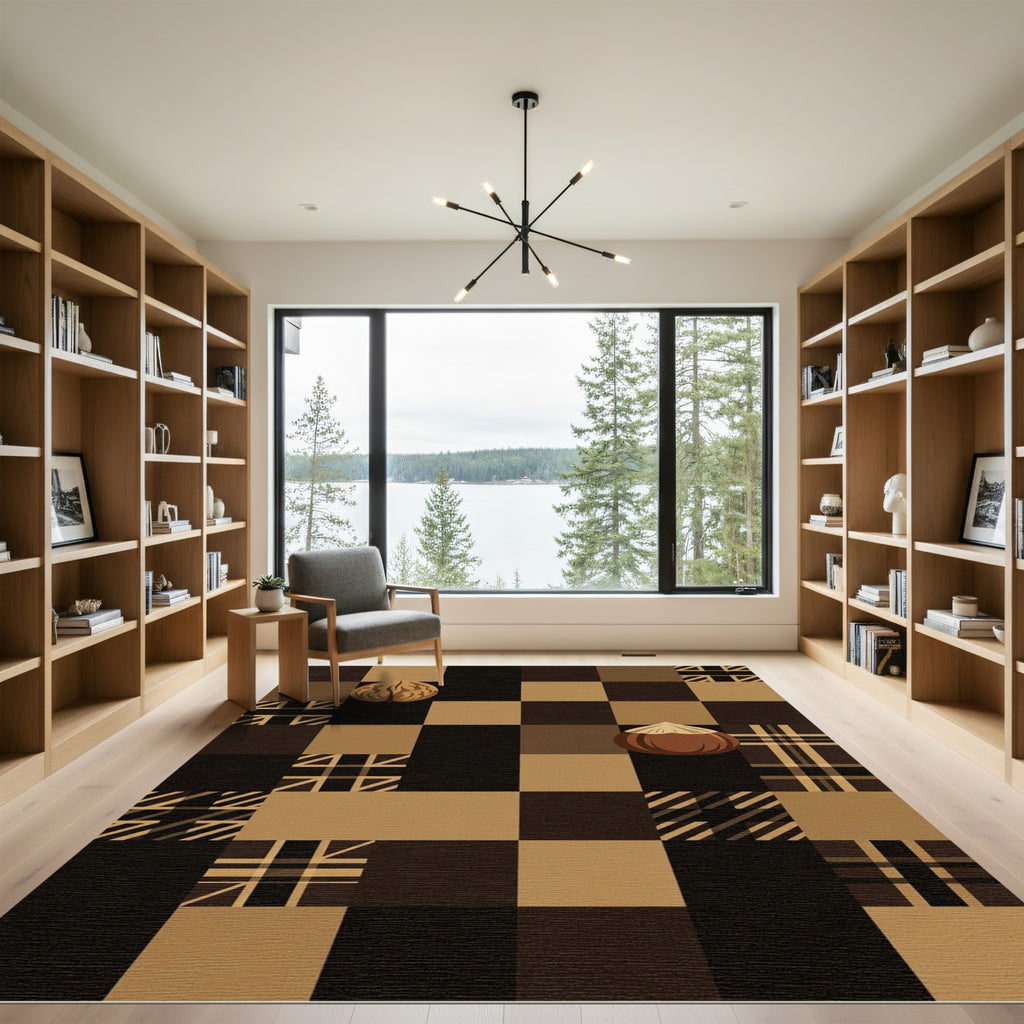 Earthy Brown Geometric Nut Checkered Rug