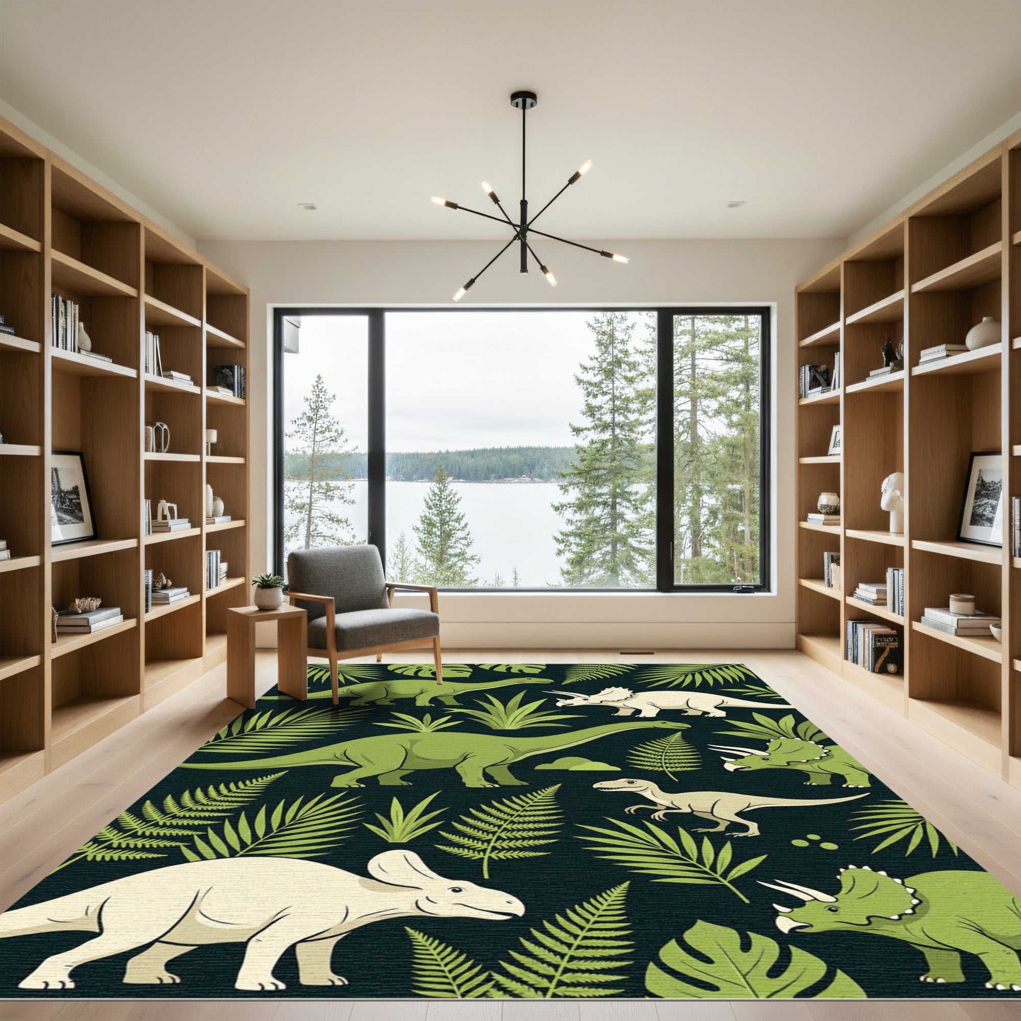 Whimsical Green Tropical Dinosaur Foliage Rug