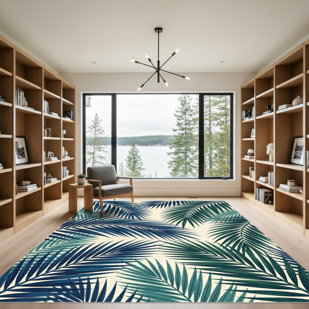 Lush Blue and Emerald Tropical Foliage Rug