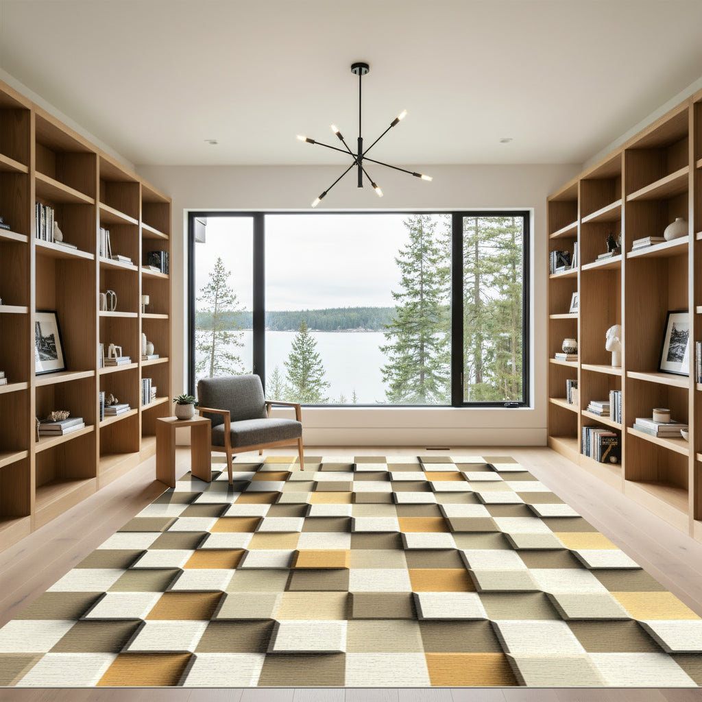 Modern Neutral Toned Three Dimensional Cube Rug