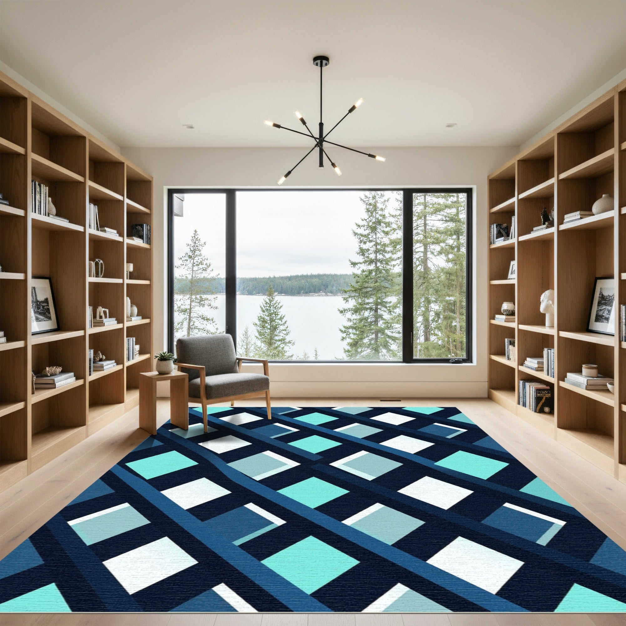 Modern Navy Teal Geometric Intersecting Grid Rug