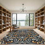 Ornate Gold Silver Floral Damask Rug