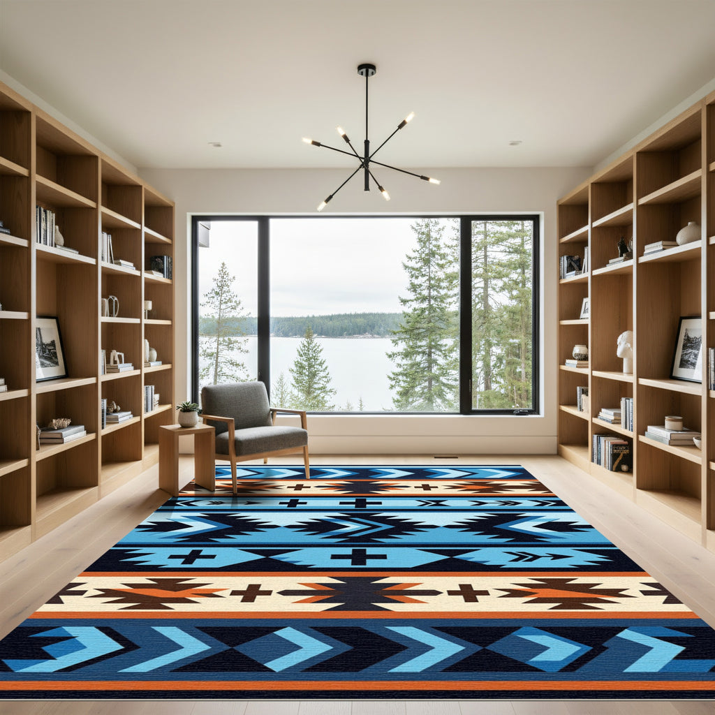 Native American Blue Geometric Chevron Rug