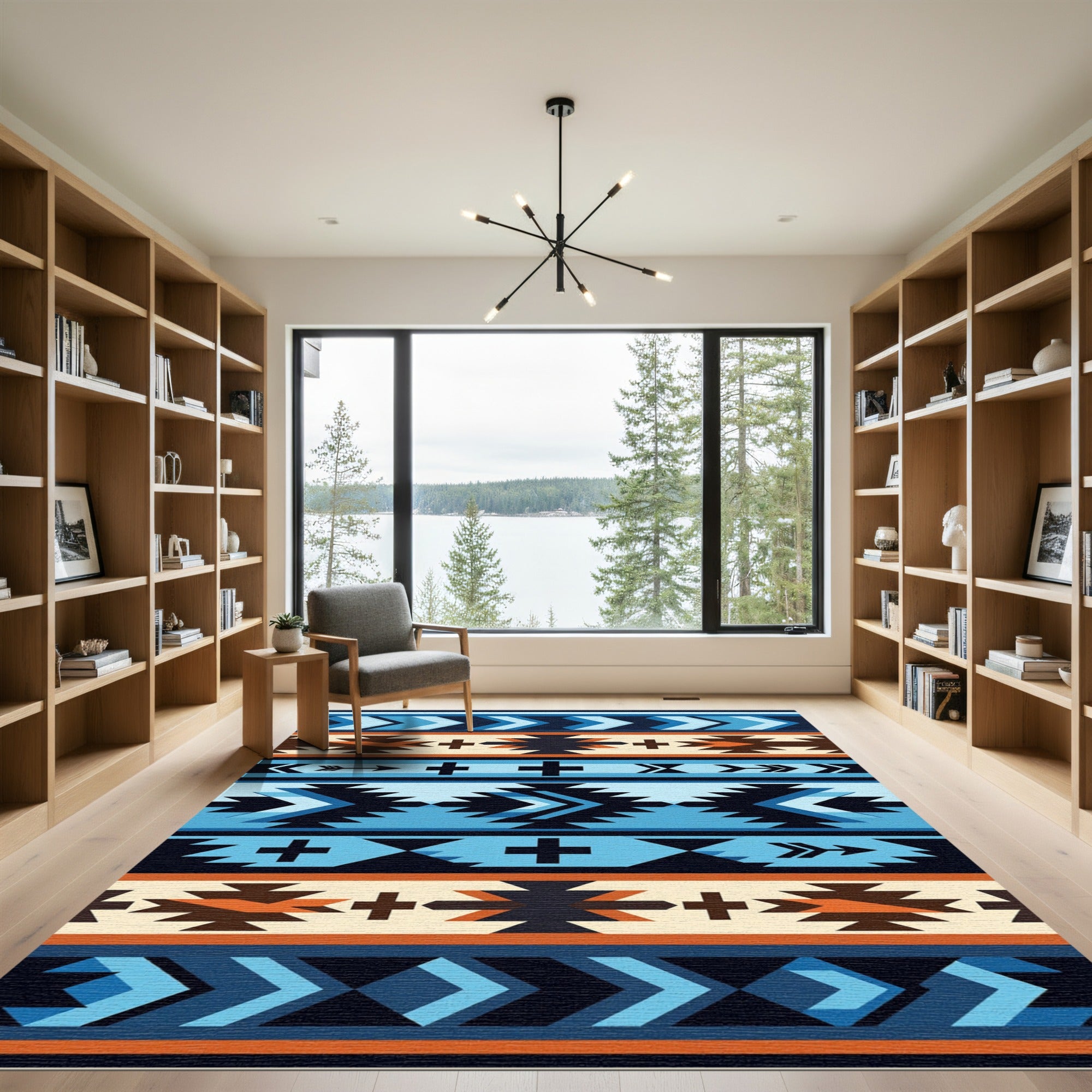 Native American Blue Geometric Chevron Rug