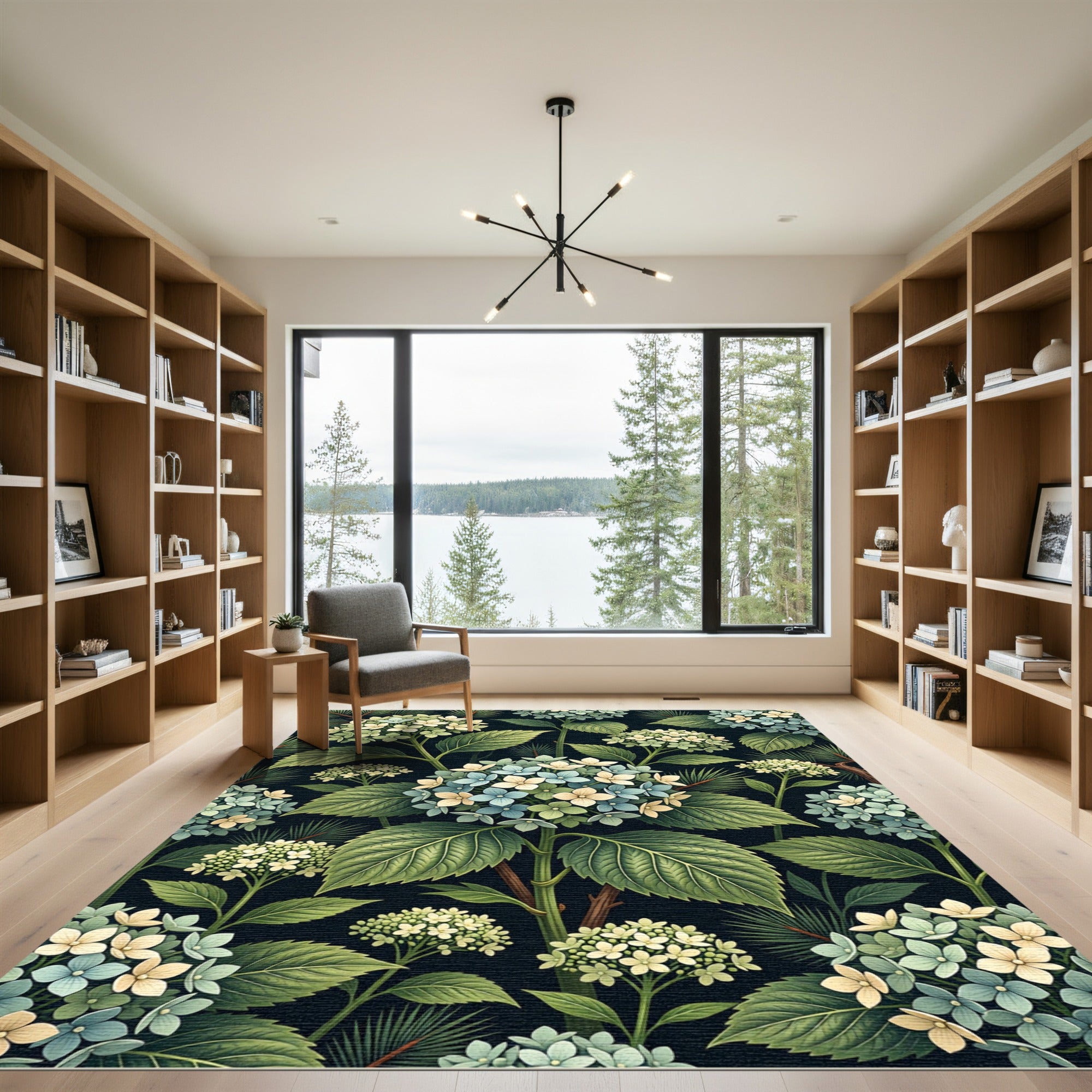 Botanical Hydrangea Floral Dark Accent Rug