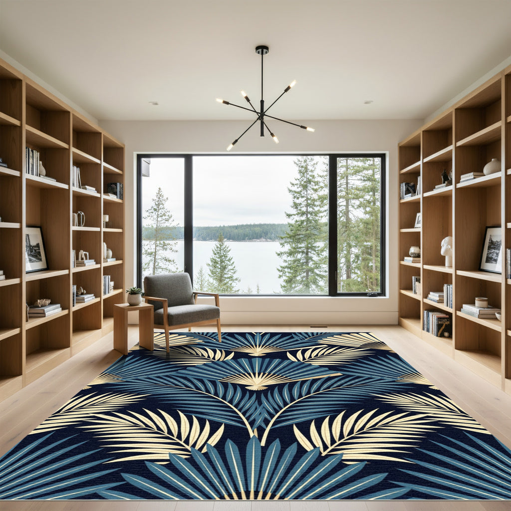 Art Deco Navy Blue Fan Palm Rug
