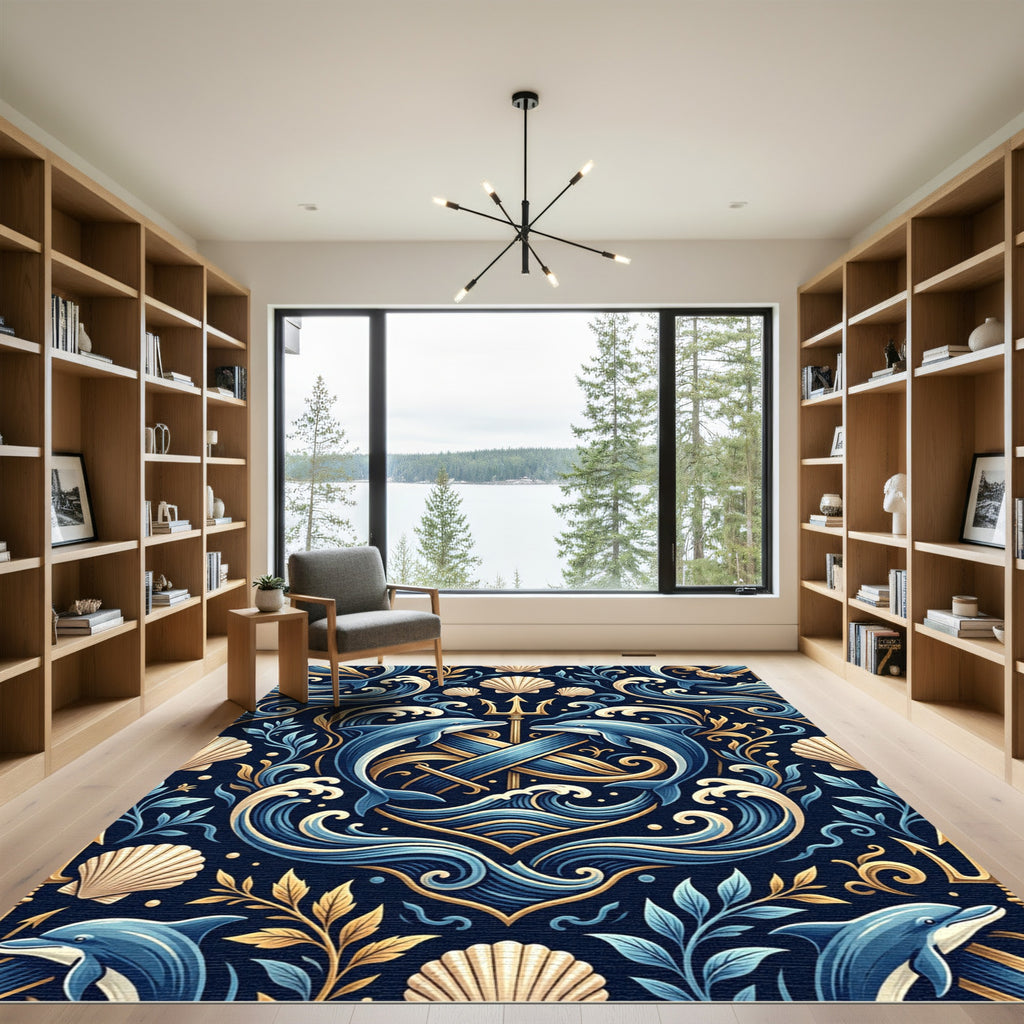 Golden Trident Dolphin Coastal Navy Medallion Rug