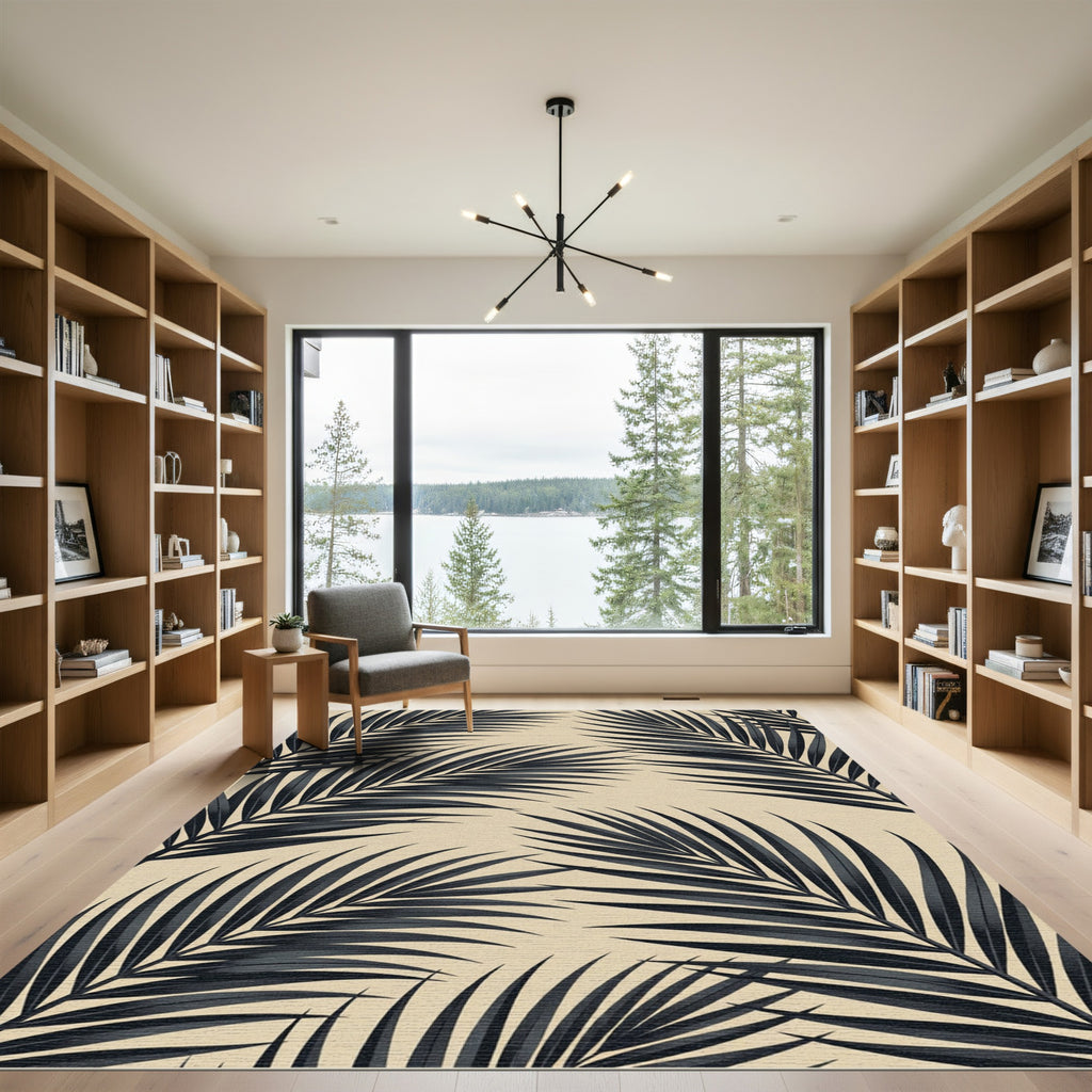 Sophisticated Black Tropical Palm Leaf on Beige Rug
