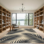 Sophisticated Black Tropical Palm Leaf on Beige Rug