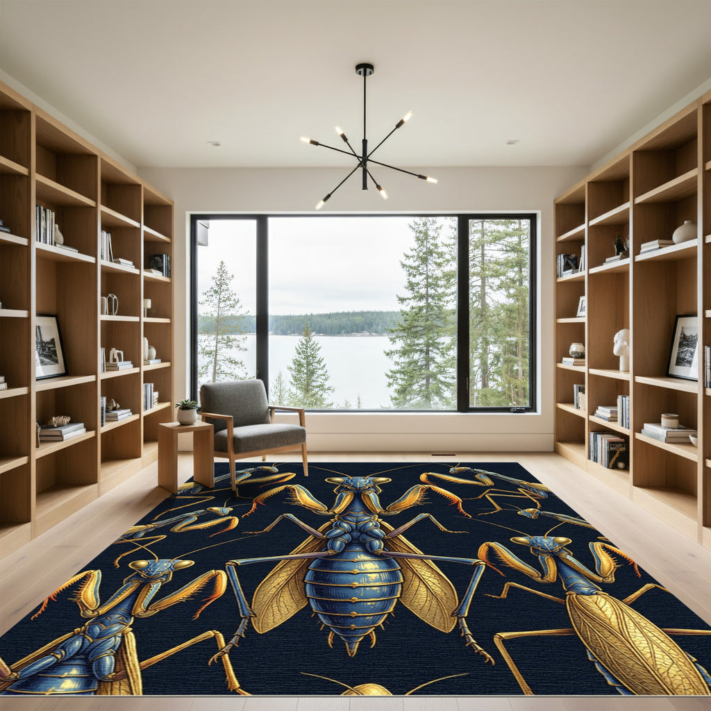 Golden Blue Mantis Insect Illustration Rug