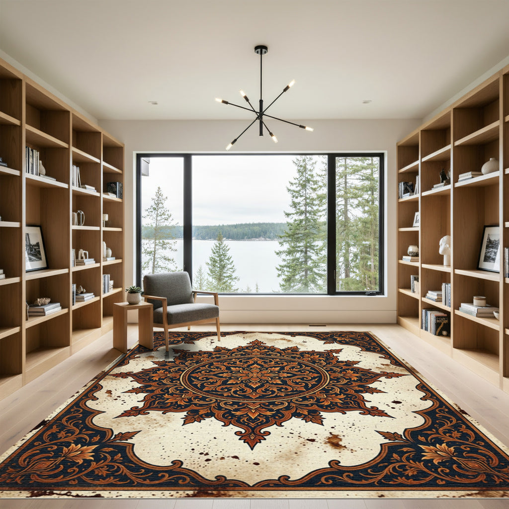Ornate Amber Ochre Floral Medallion Rug