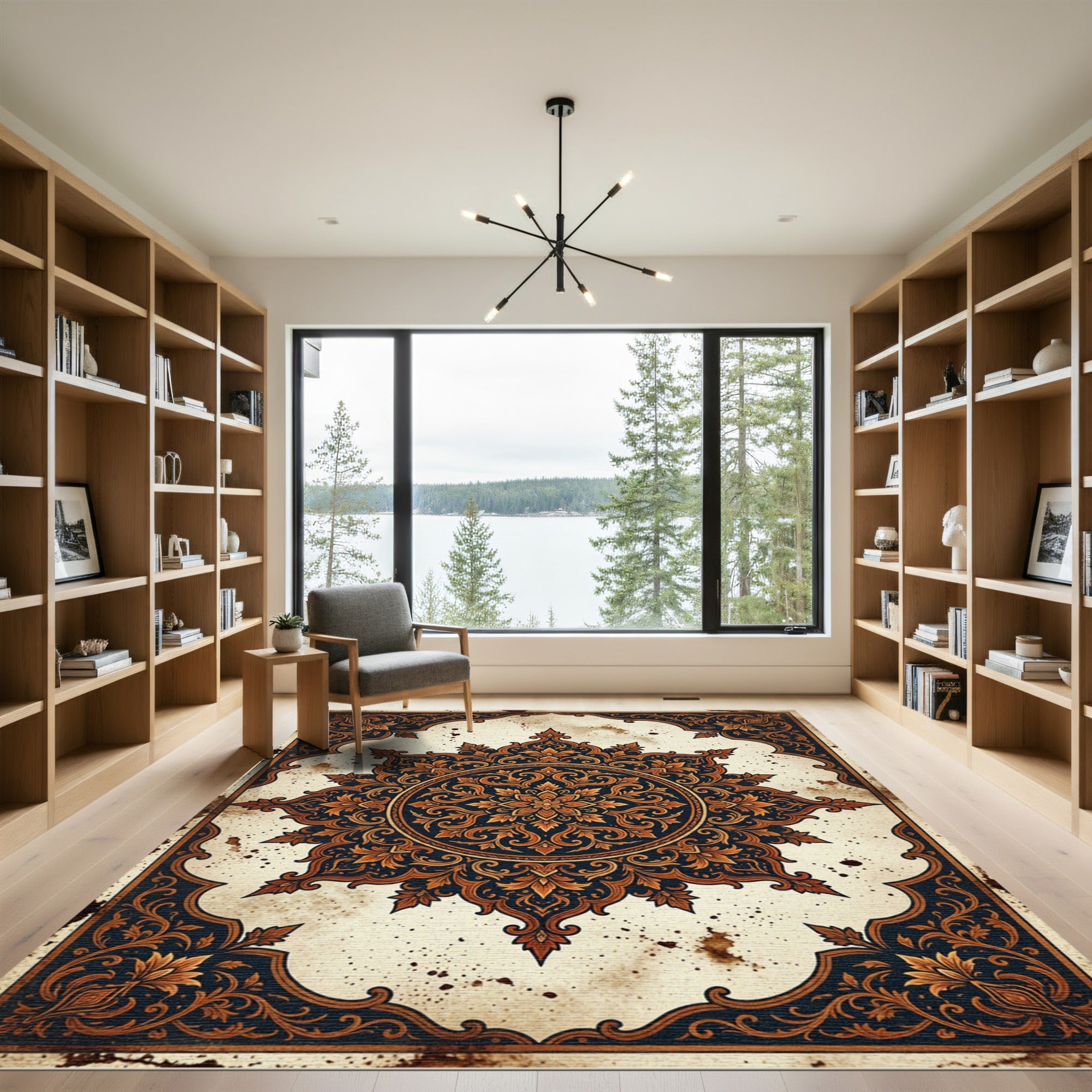 Ornate Amber Ochre Floral Medallion Rug