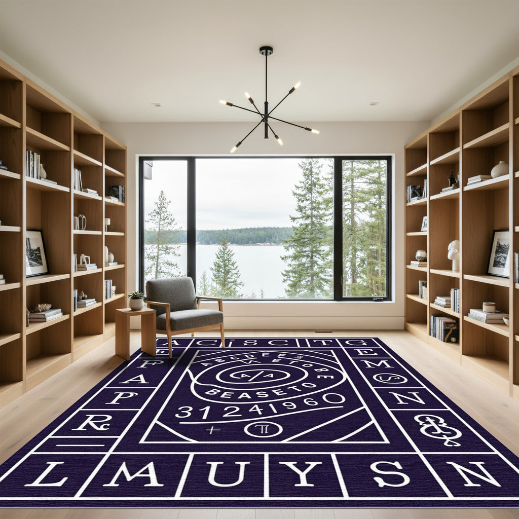 Dark Blue Alphabet Spiral Graphic Rug