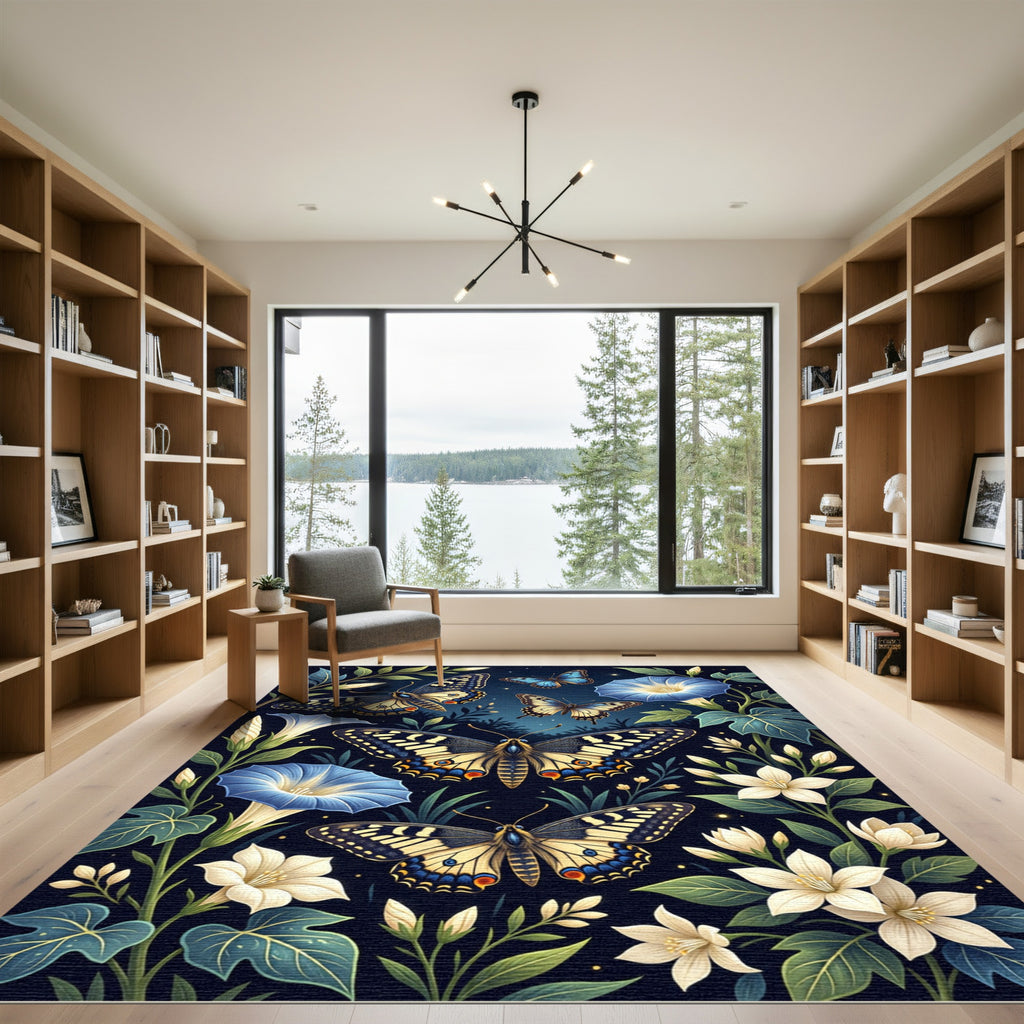 Celestial Blue Butterfly and Floral Garden Rug