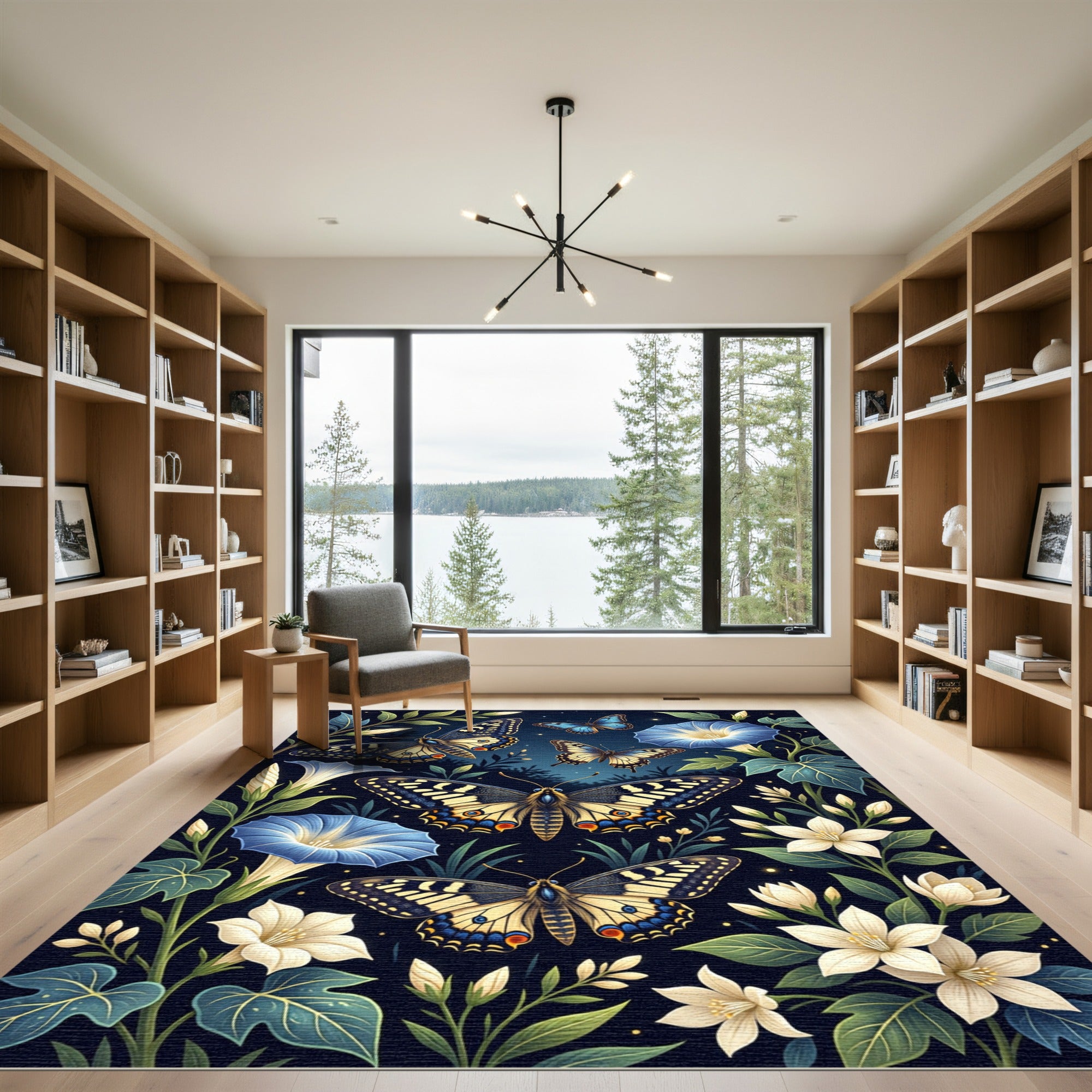 Celestial Blue Butterfly and Floral Garden Rug