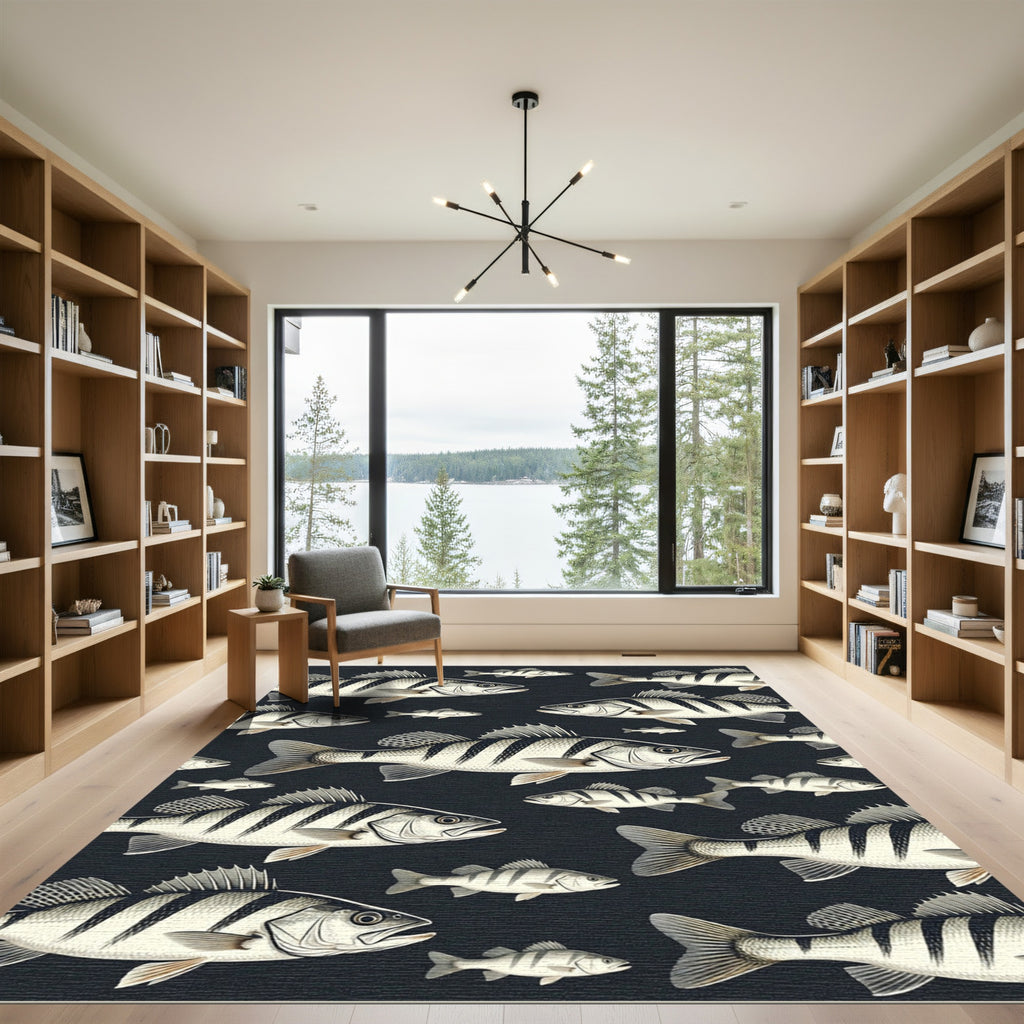 Monochromatic Striped Perch Fish Illustration Rug