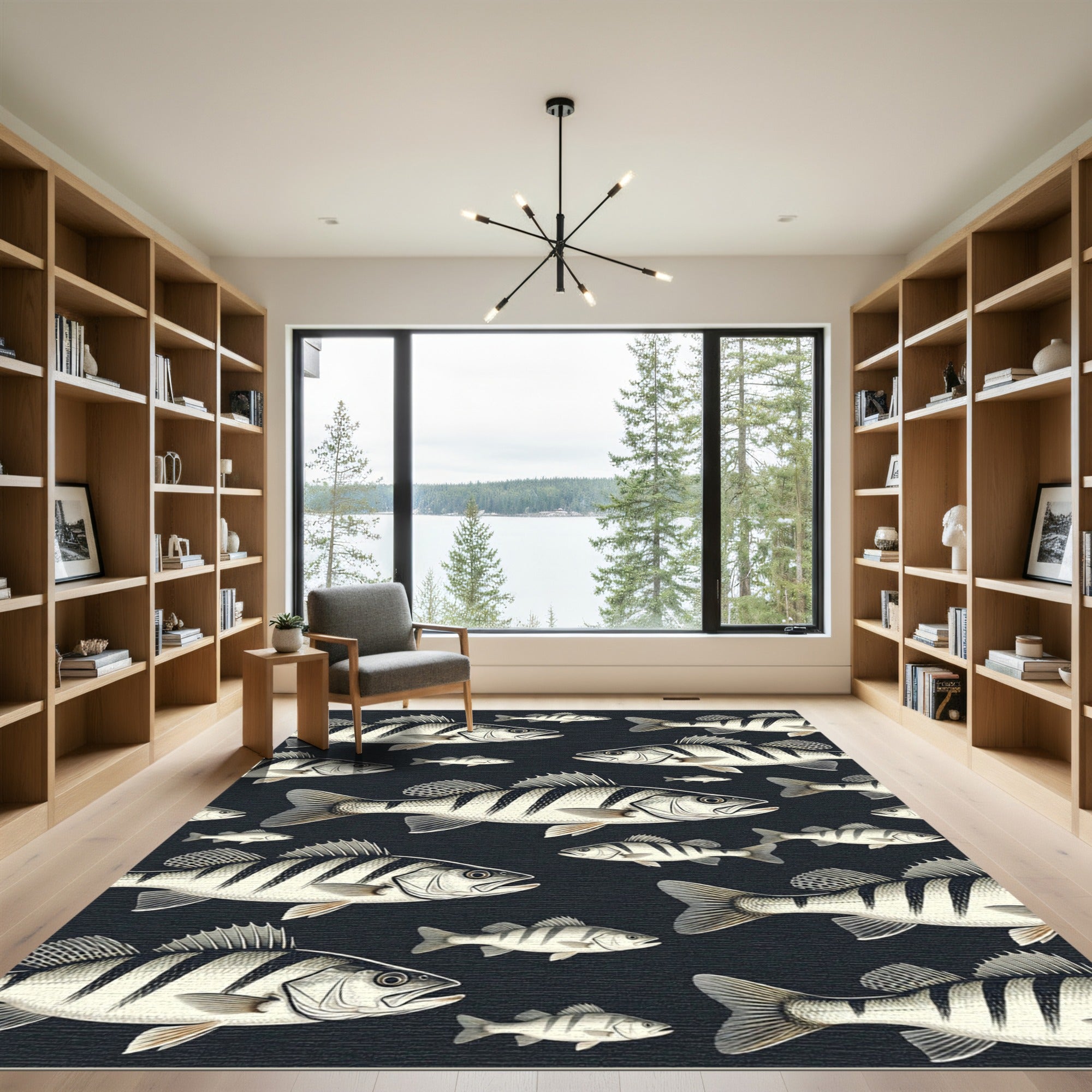 Monochromatic Striped Perch Fish Illustration Rug