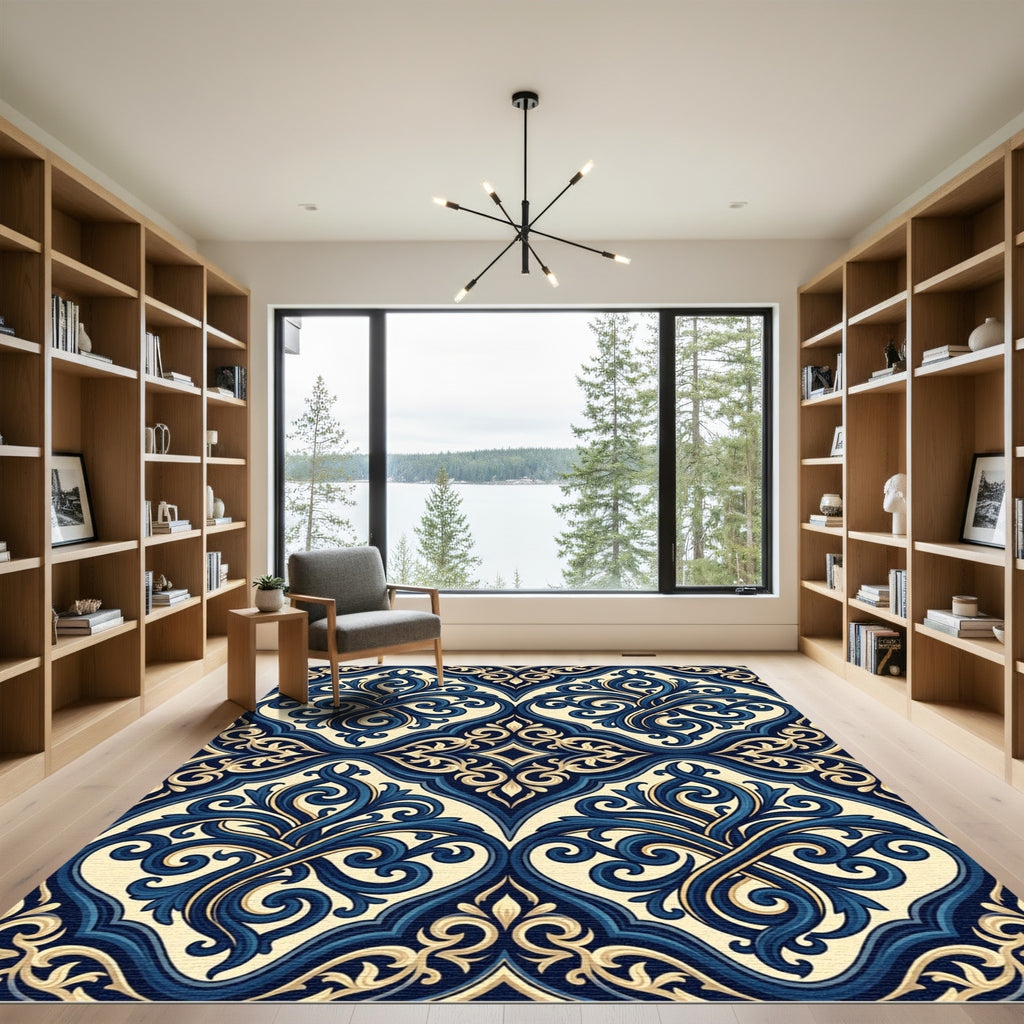 Elegant Navy and Cream Scrollwork Rug