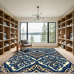 Elegant Navy and Cream Scrollwork Rug