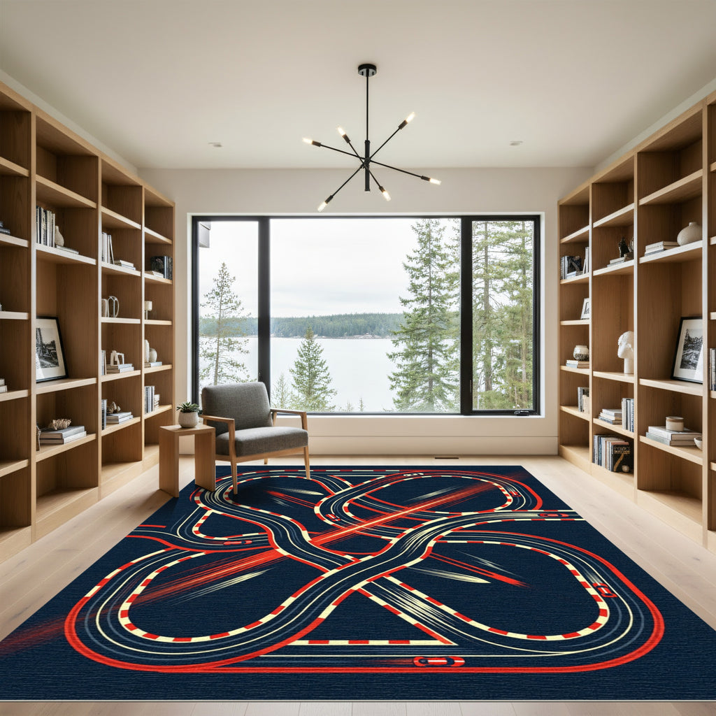 Abstract Red and Navy Racing Track Rug