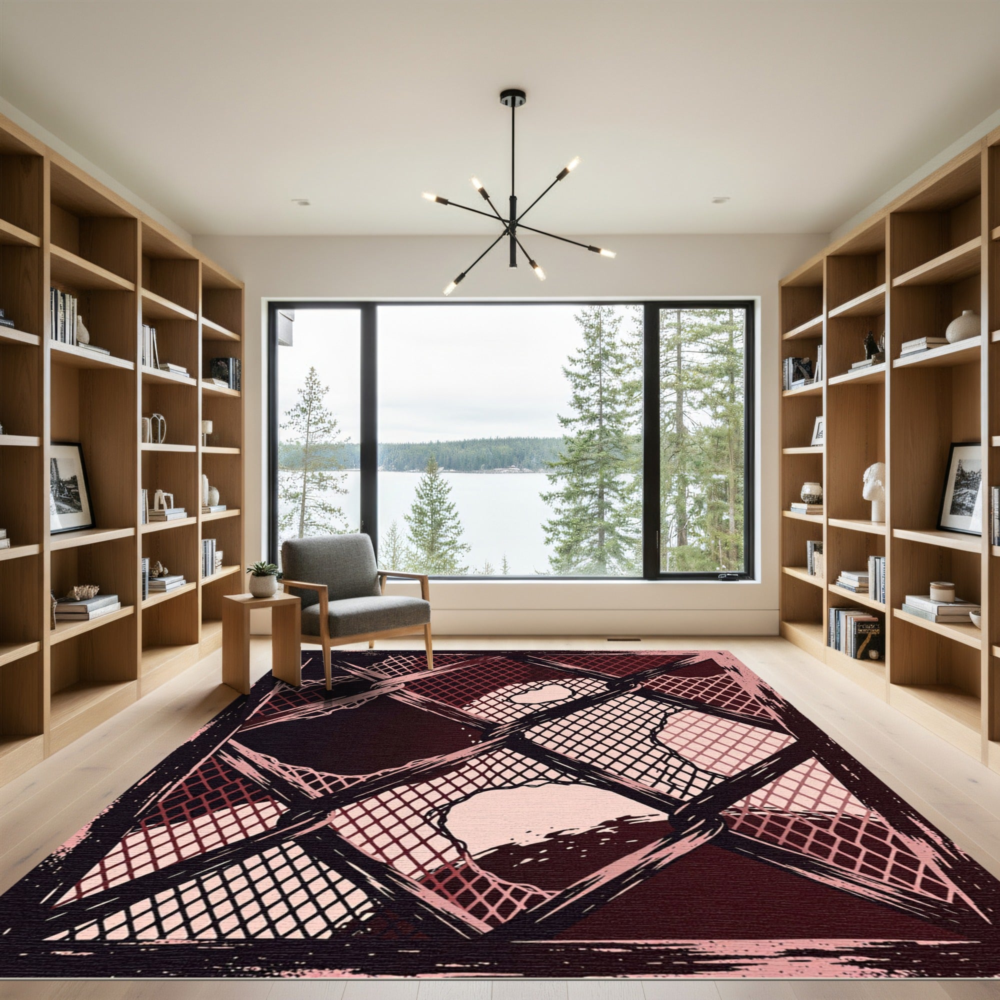 Abstract Crimson Dark Mesh Grid Rug
