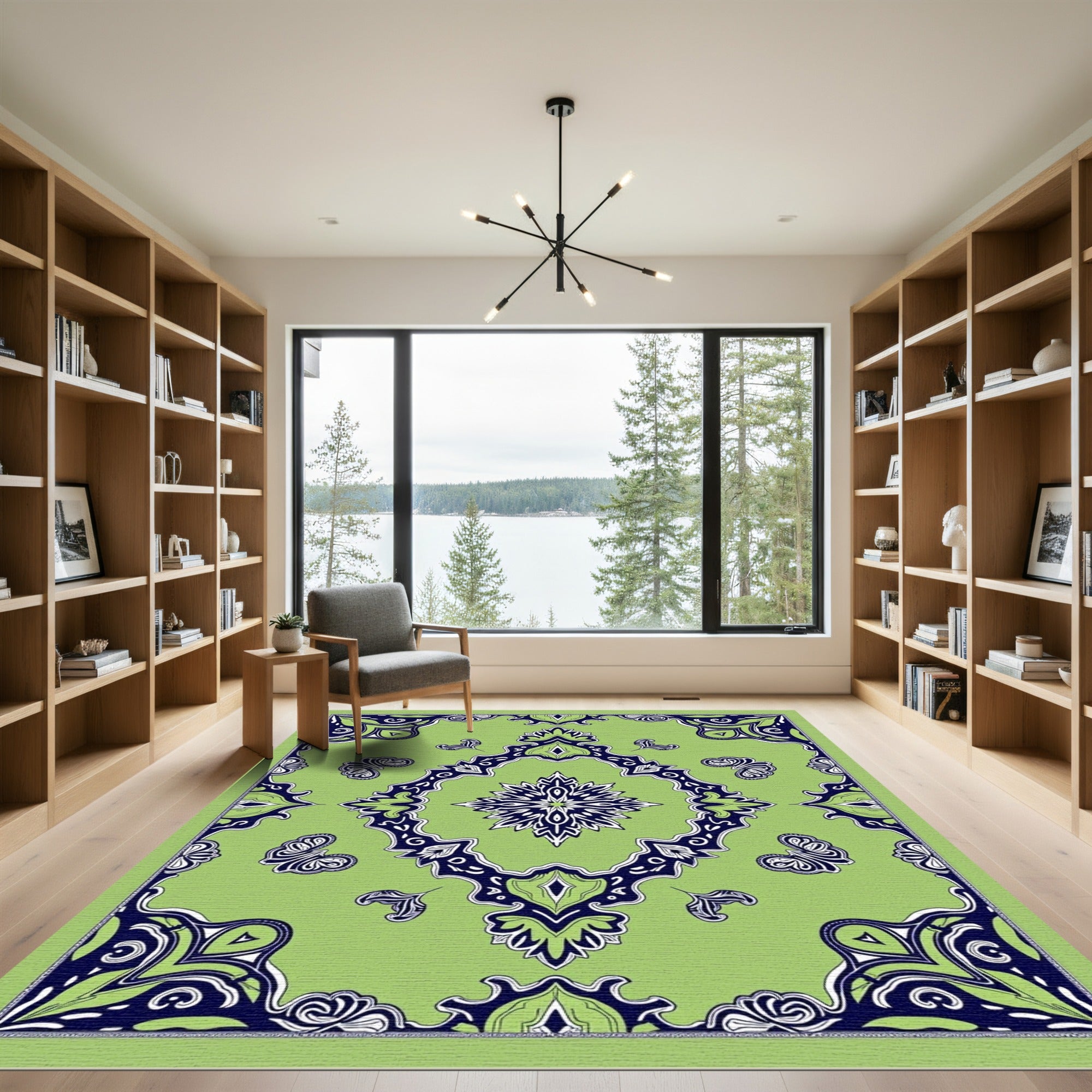 Lime Navy Mandala Floral medallion Rug