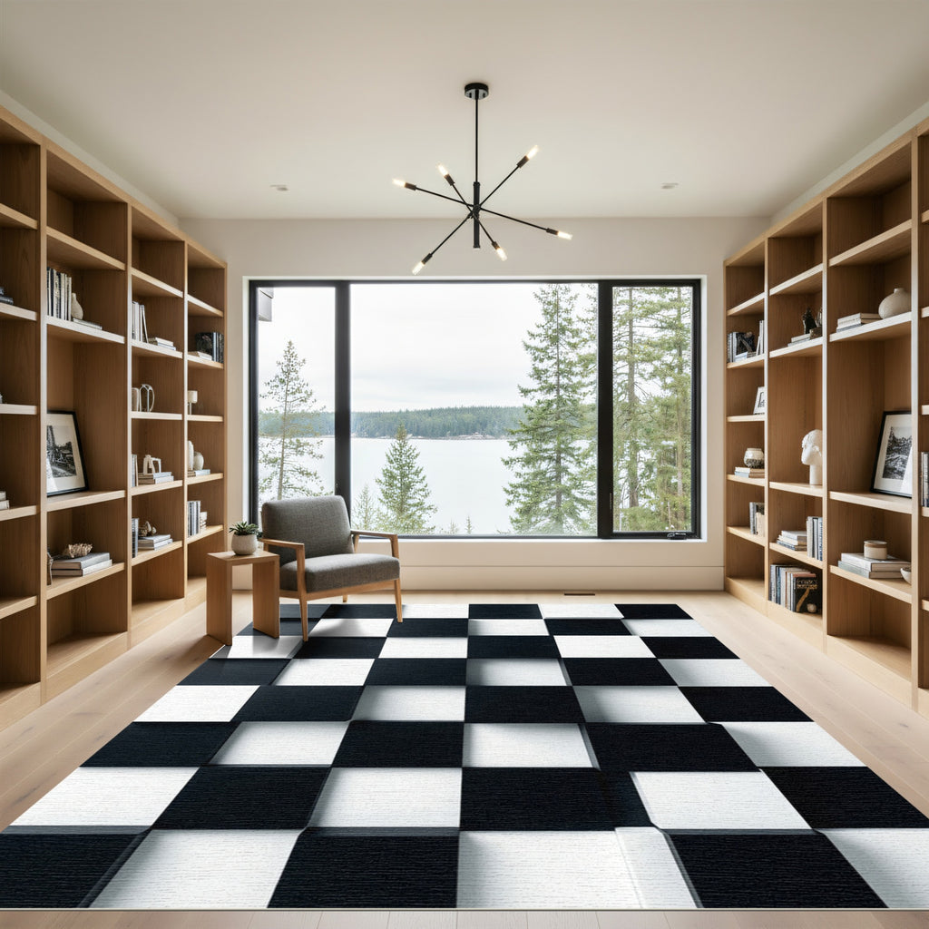 Black White Chessboard Offset Cubes Rug