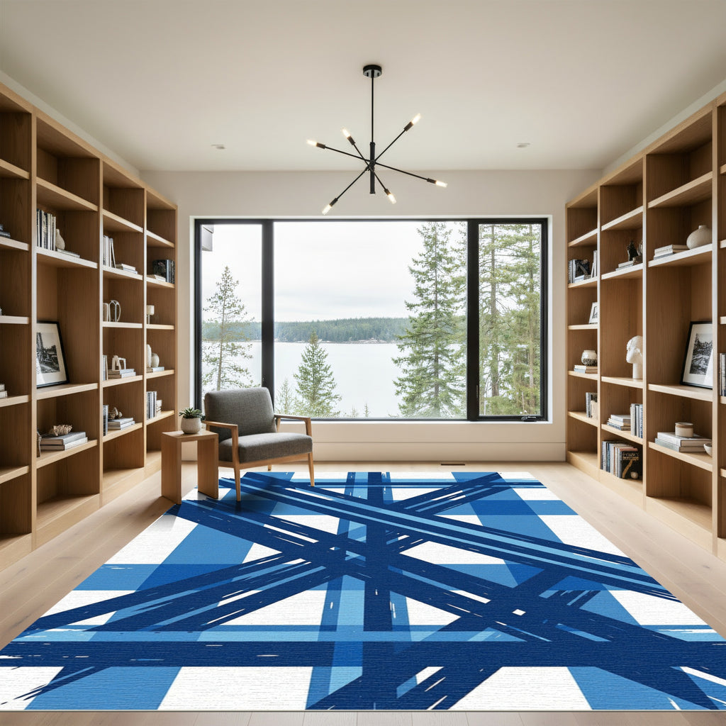 Bold Blue Plaid Brushstroke Rug
