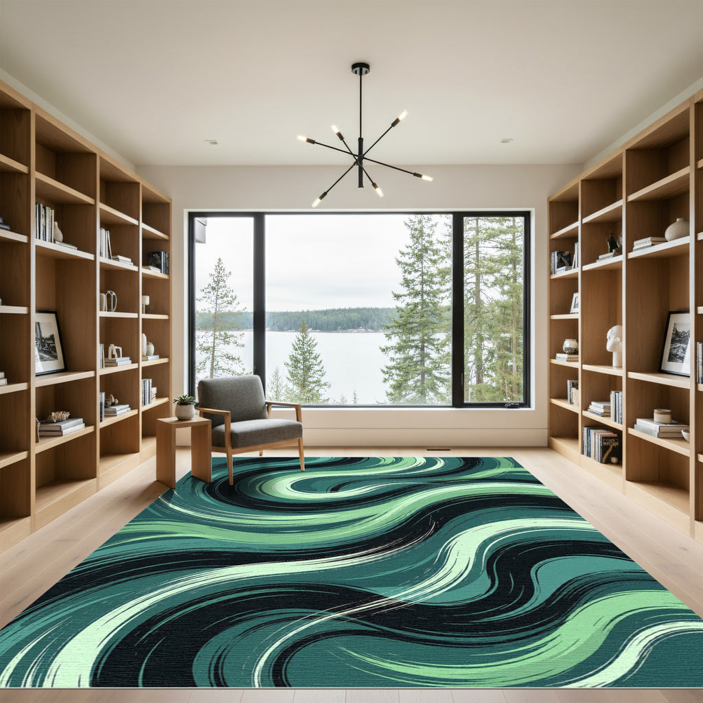Modern Emerald Teal Abstract Wave Rug