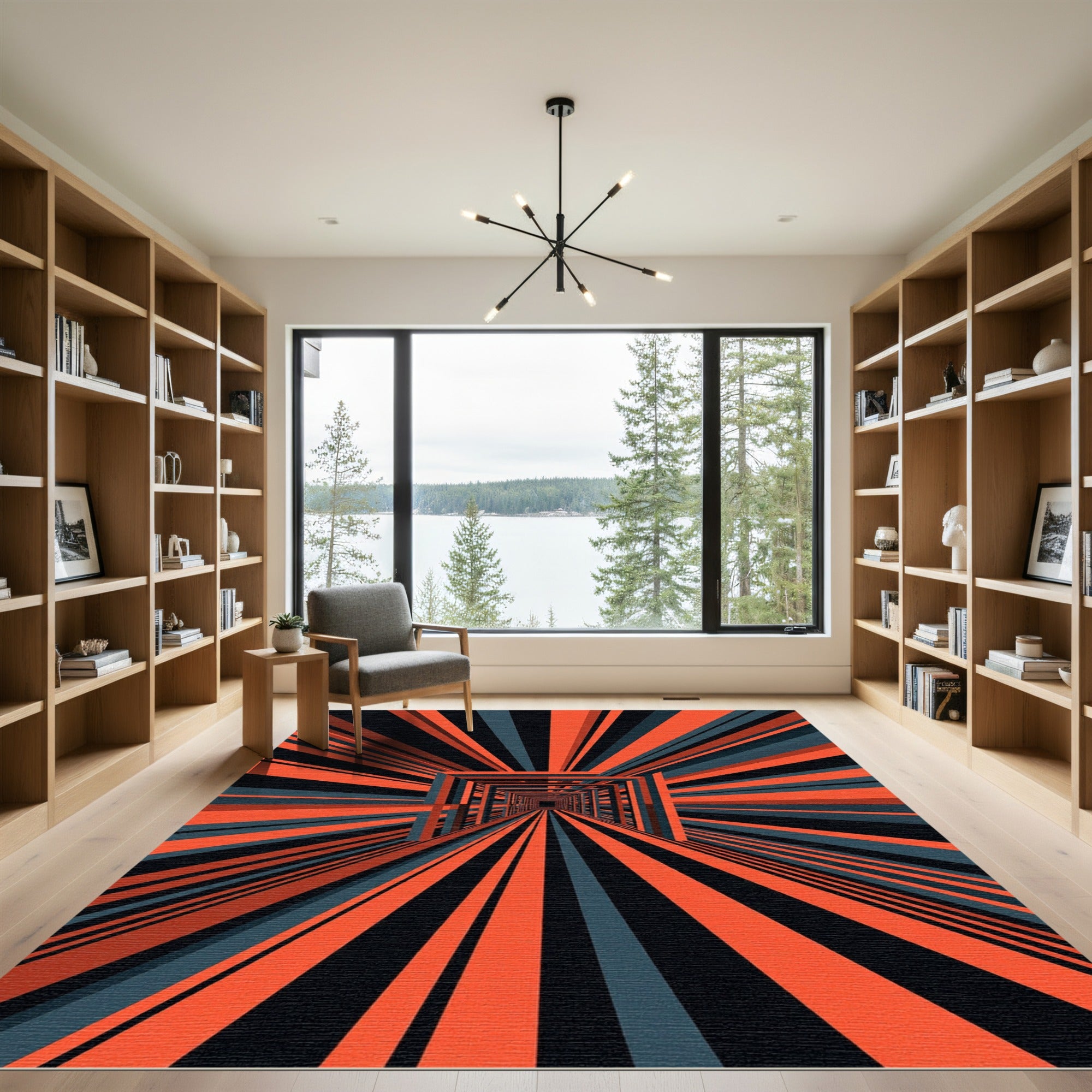 Modern Orange and Graphite Linear Tunnel Rug