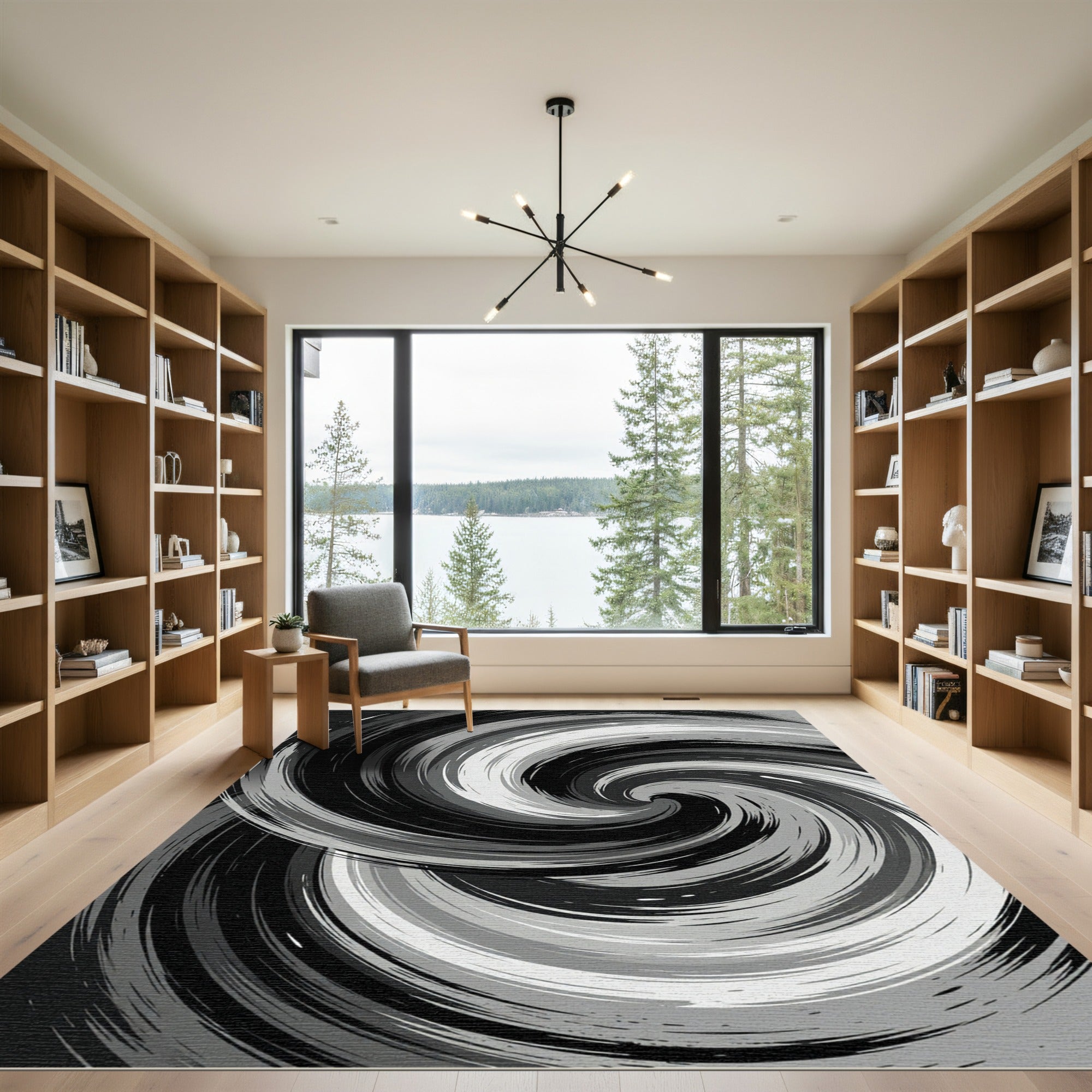 Modern Monochrome Swirling Abstract Accent Rug