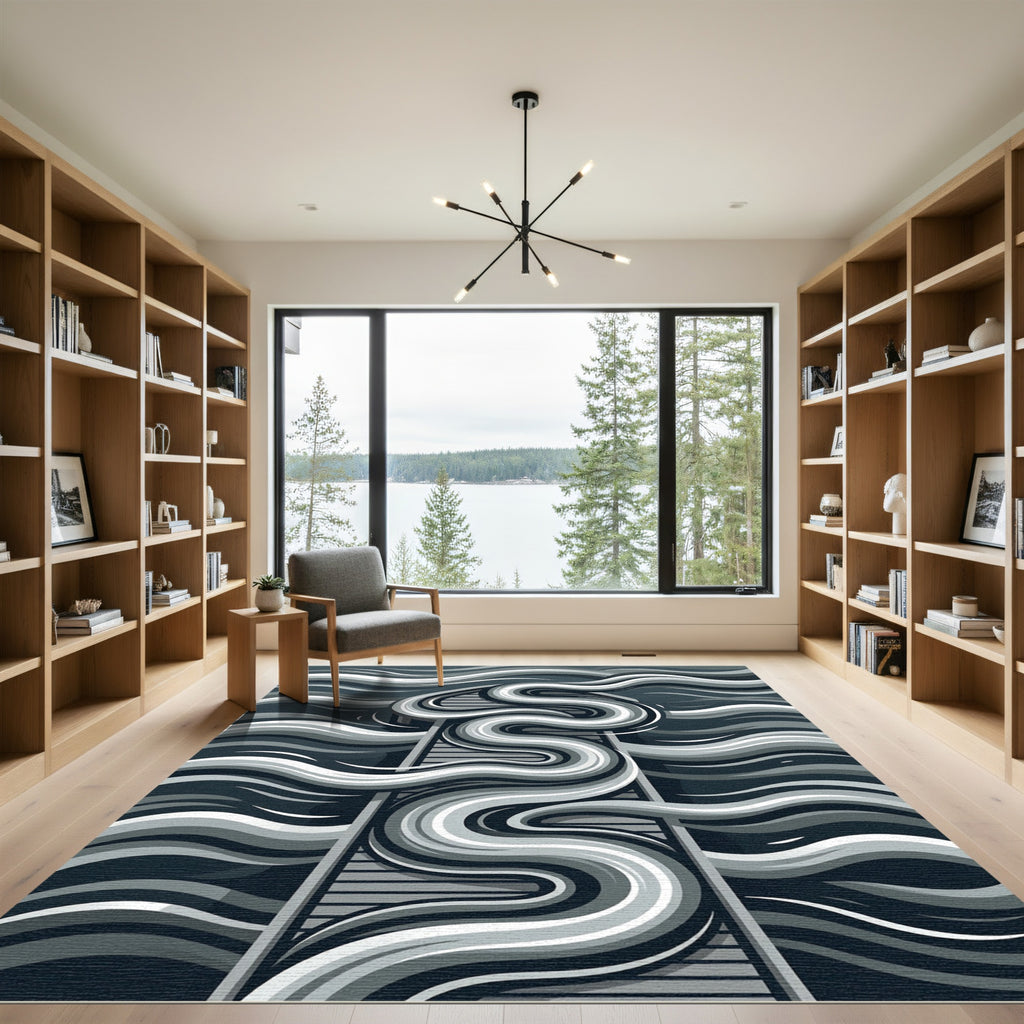 Monochrome Abstract Flowing Waves Rug
