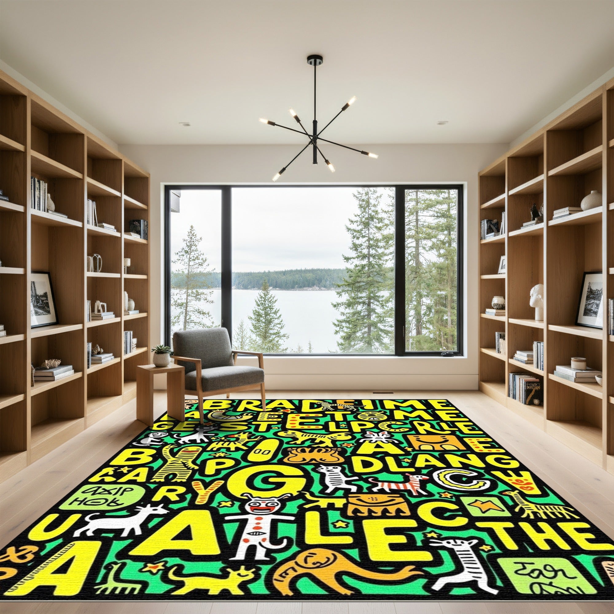 Vibrant Yellow Doodle Animals Alphabet Rug