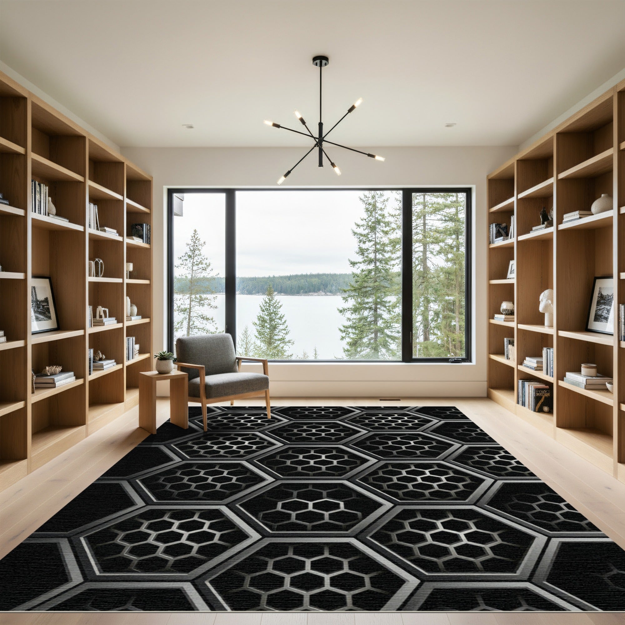 Monochromatic Metallic Industrial Geometric Hexagon Rug