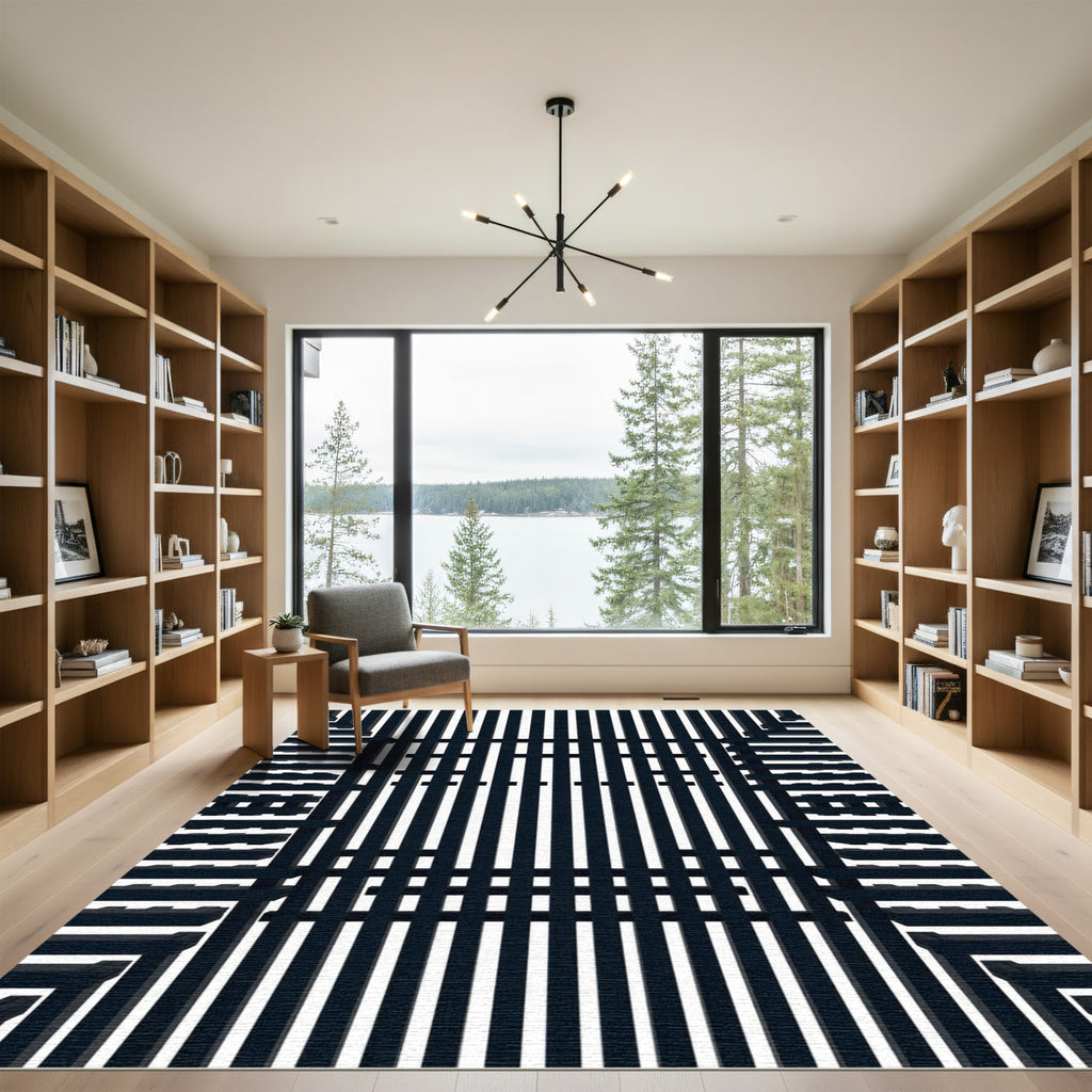 Black White Vertical Stripe Illusion Rug