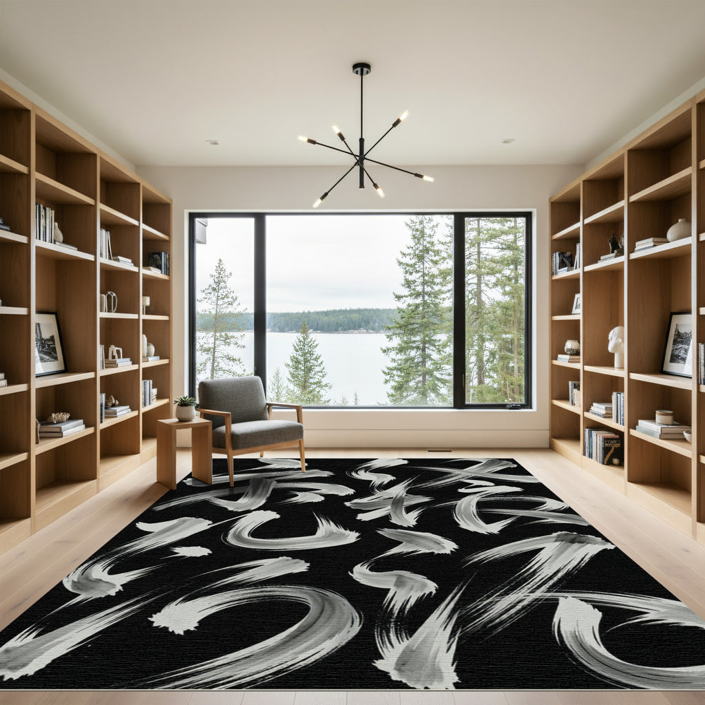 Monochrome Abstract Ink Brush Stroke Rug