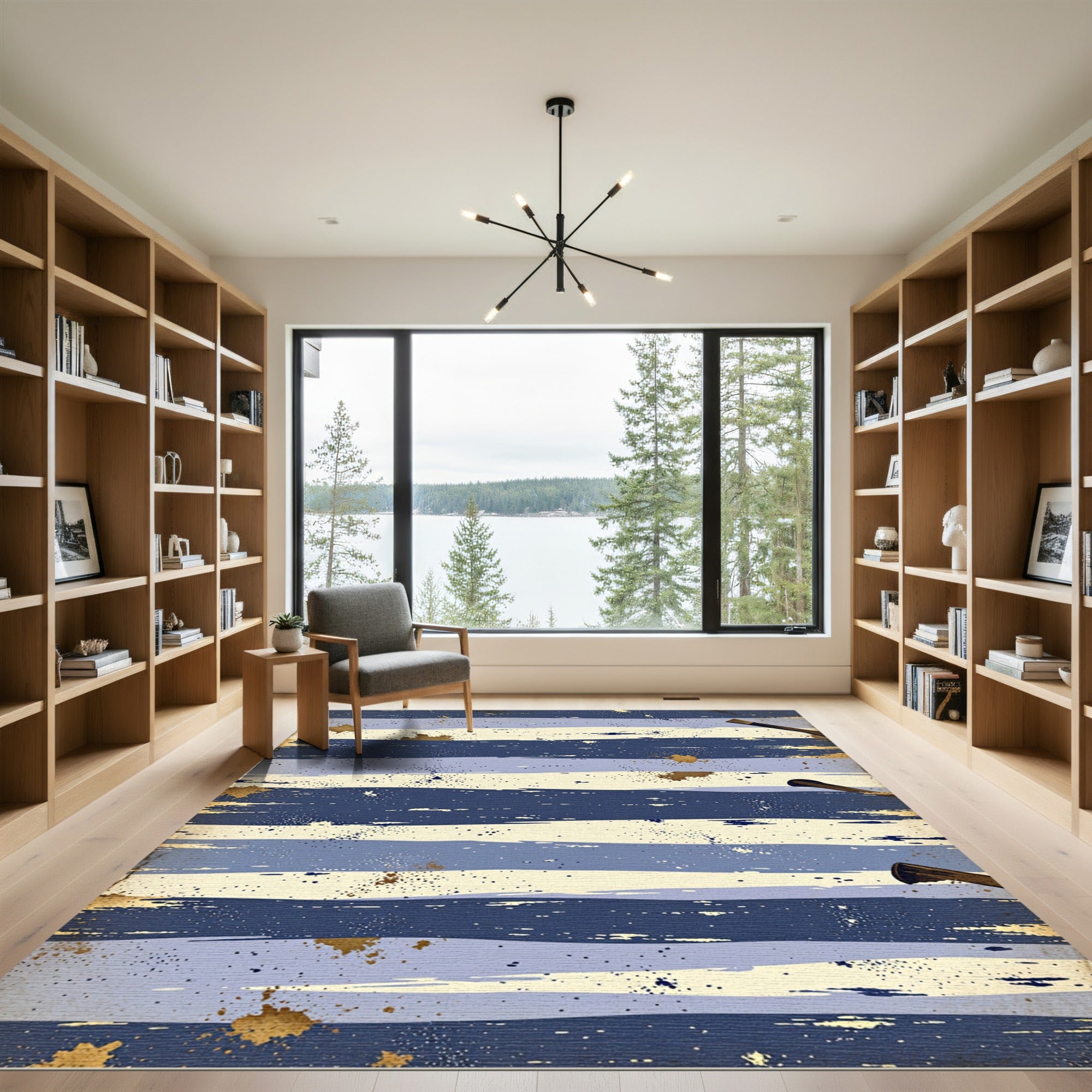 Abstract Navy and Gold Painted Strokes Rug