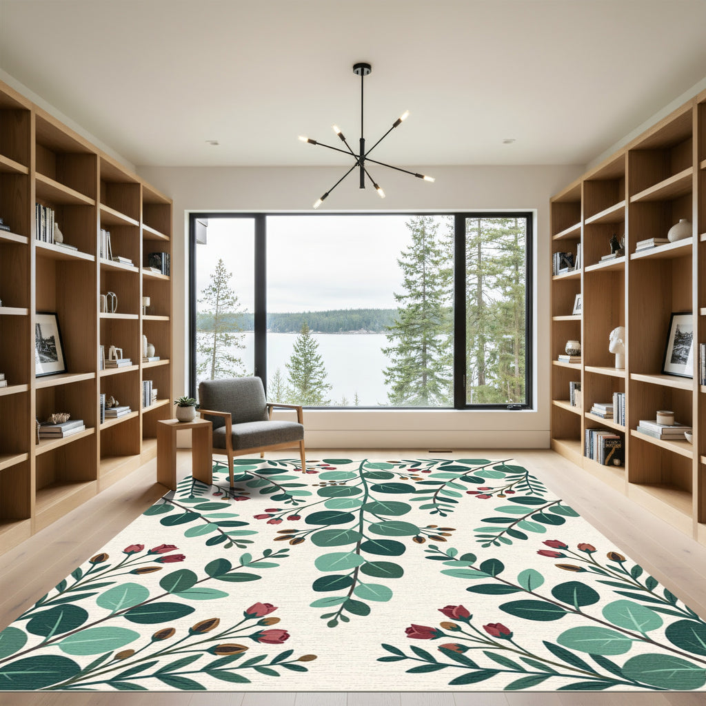 Botanical Eucalyptus Leaf and Berry Lush Foliage Rug