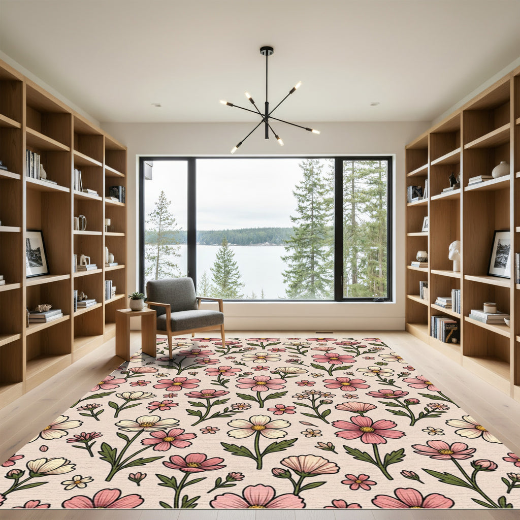 Pastel Pink Golden Cosmos Floral Rug