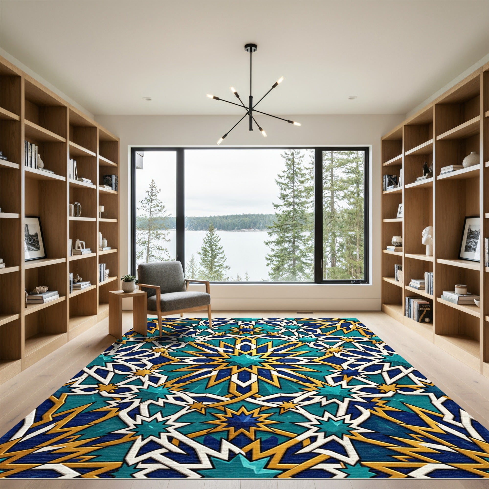 Geometric Teal and Gold Star Tile Rug