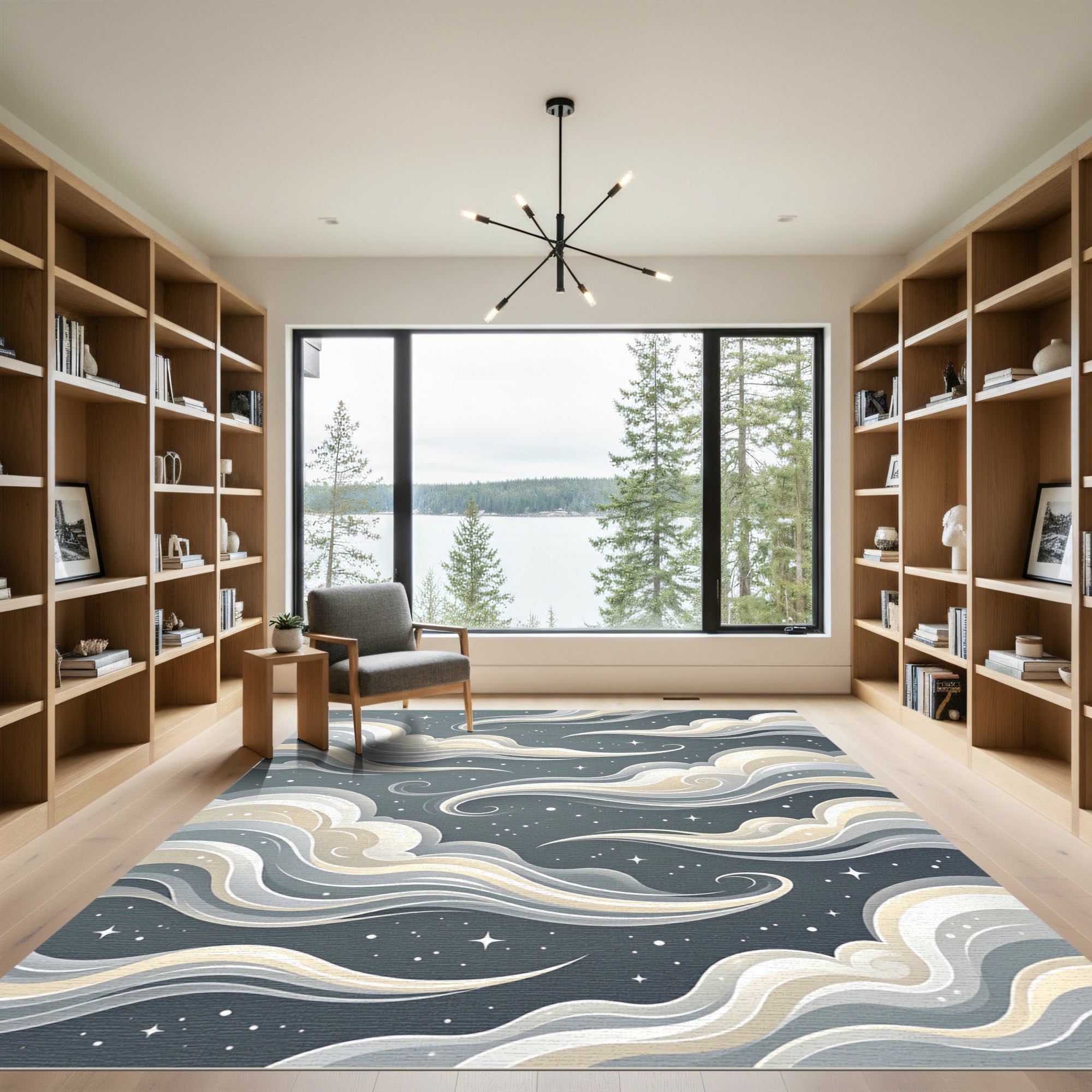 Celestial Cream and Charcoal Swirling Clouds Rug
