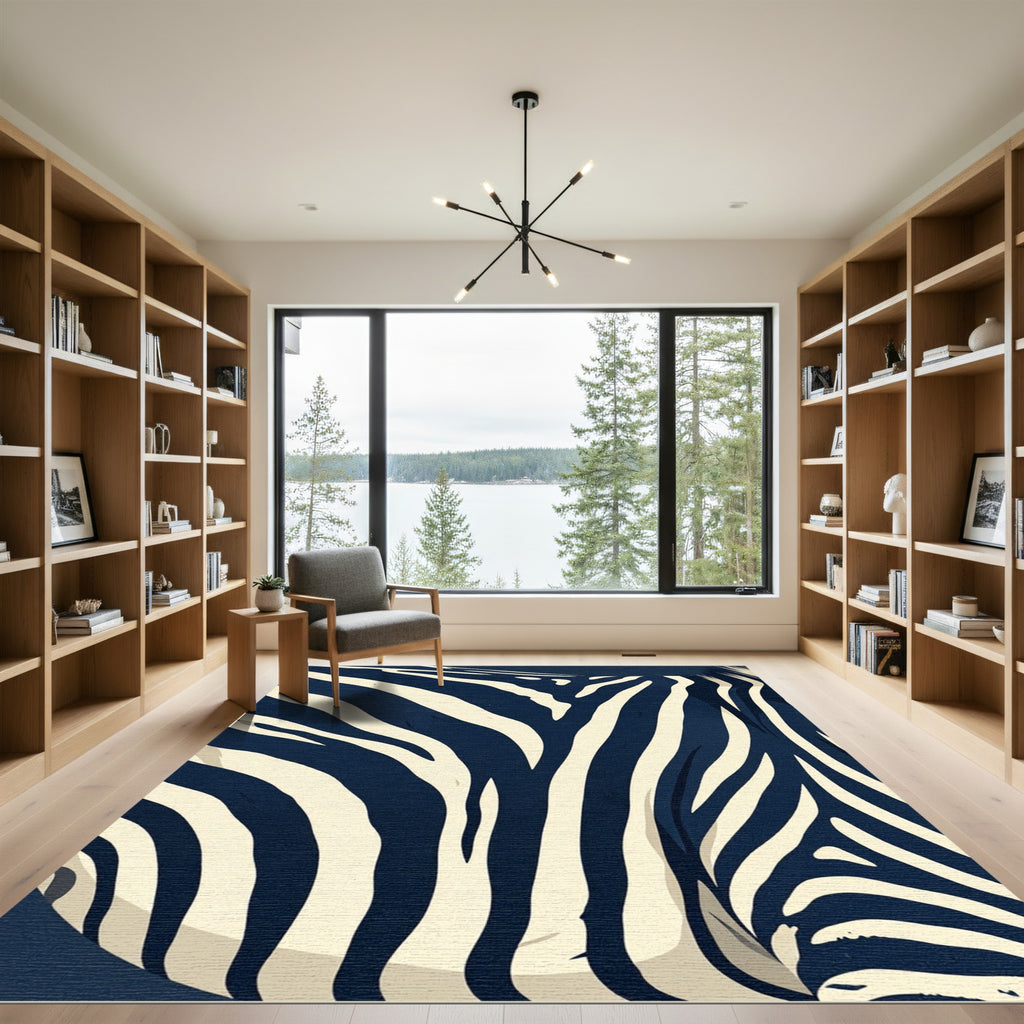 Navy Cream Zebra Stripe Textural Rug