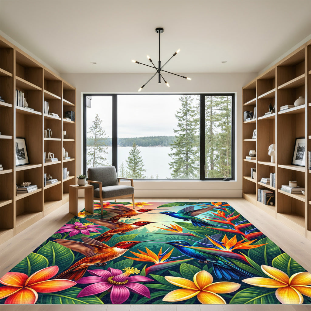 Vibrant Tropical Hummingbird Jungle Floral Rug