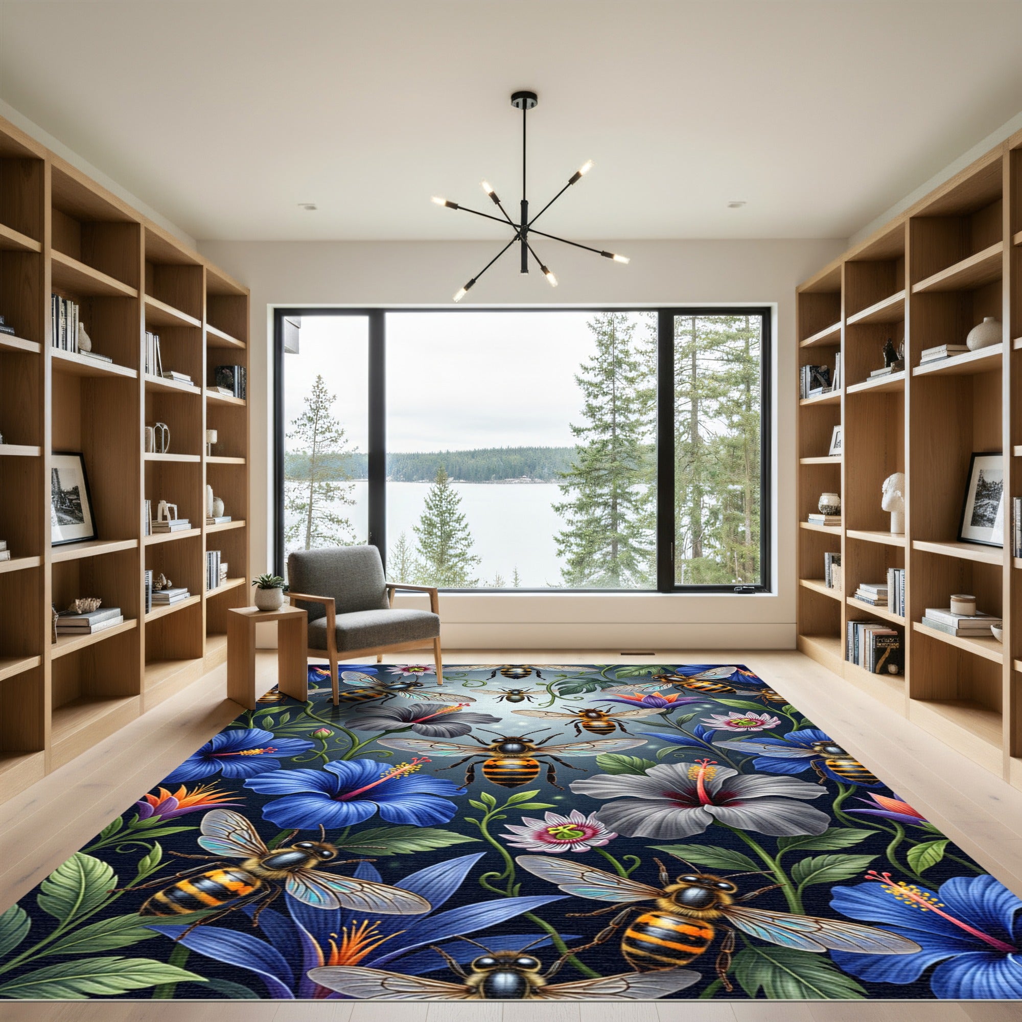 Vibrant Honeybee And Tropical Blossom Garden Rug