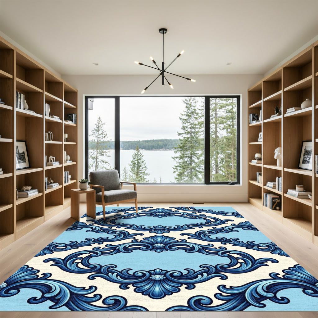 Ornate Blue Scallop Scroll Frame Rug