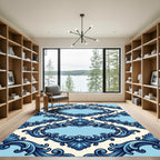 Ornate Blue Scallop Scroll Frame Rug
