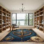 Golden Antique Compass Blue Nautical Rug
