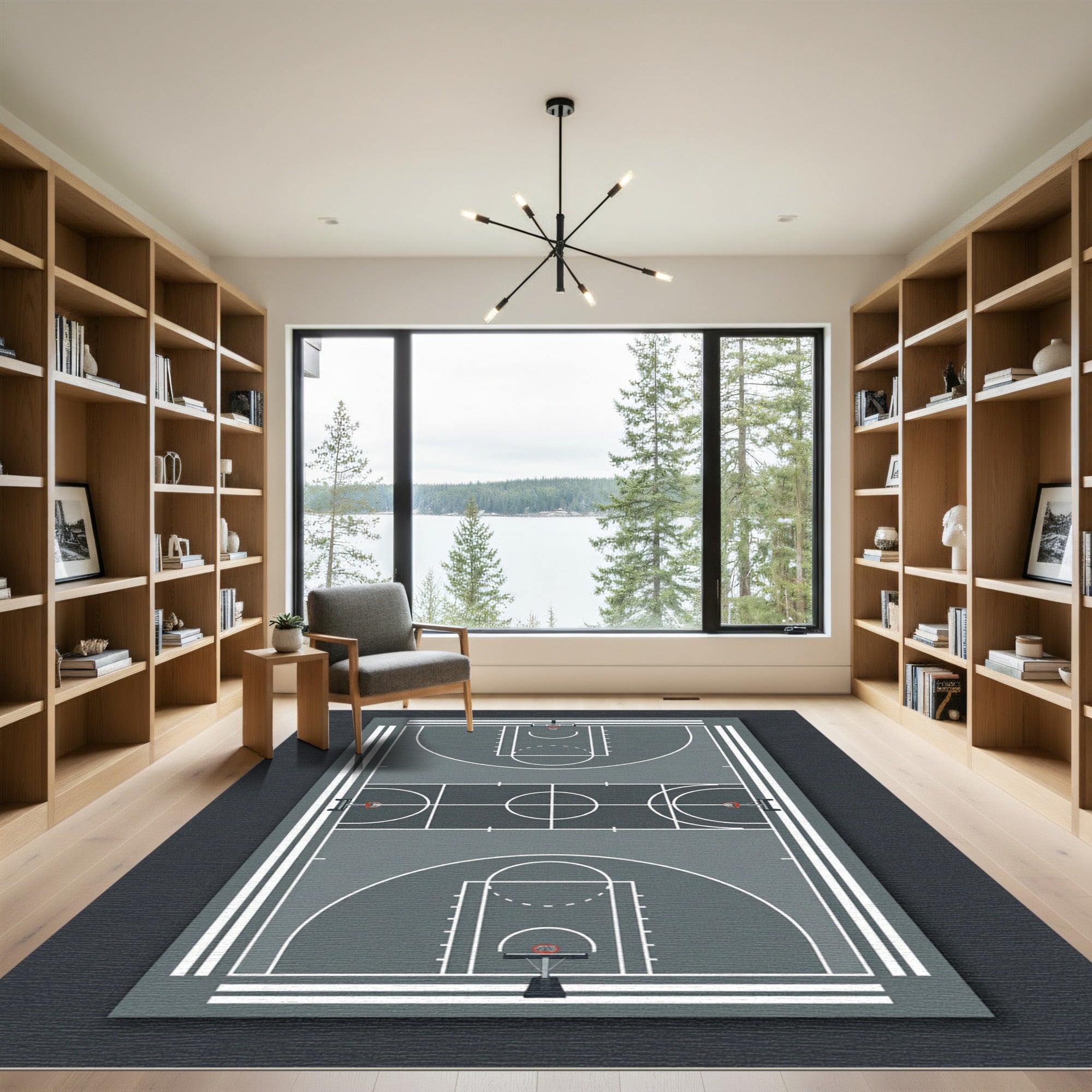 Minimalist Gray Basketball Court Graphic Rug
