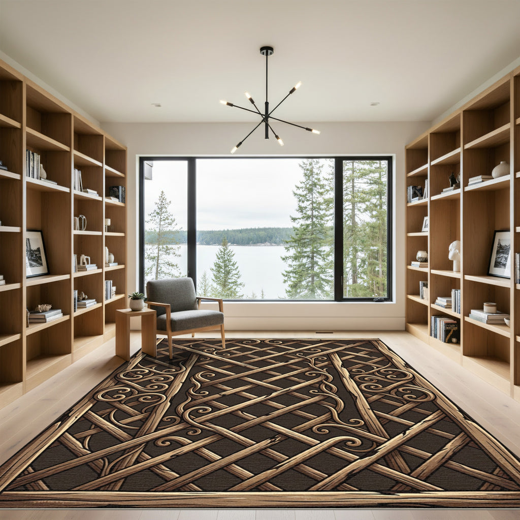 Ornate Wood Lattice Scroll Trellis Rug